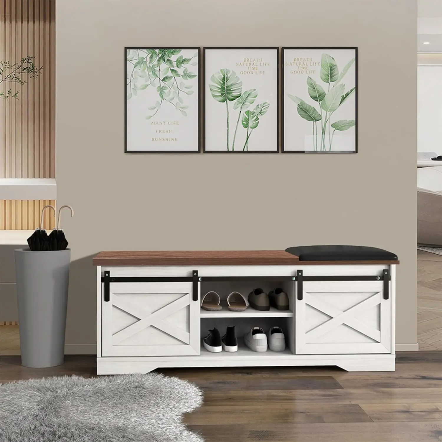 

White Shoe Storage Bench with Sliding Door 47 Inch Farmhouse Shoe Change Bench with Cushion for Entryway, Living Room, Bedroom