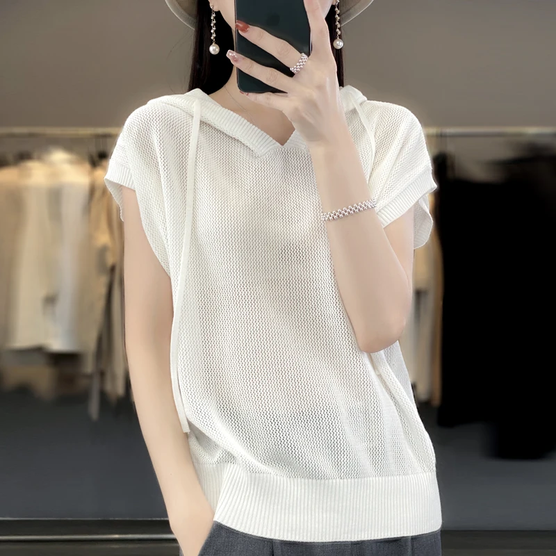 

100% pure wool summer new women's knitted hooded collar short sleeve loose casual fashion hollow hooded sweater top