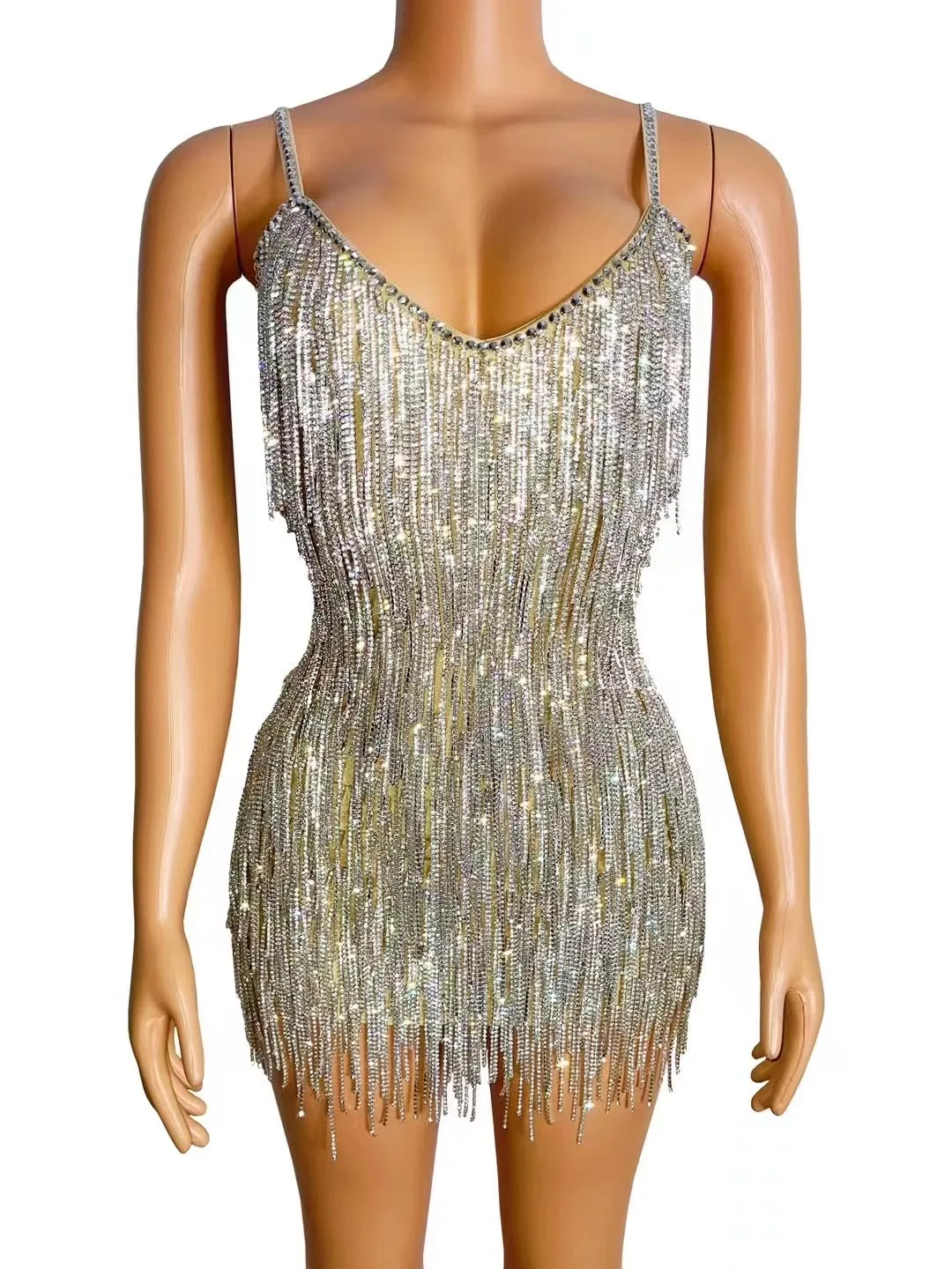 

luxurious Silver Crystals Fringes Transparent Backless Dress Rhinestones Design Performance See Through Outfit Sexy Costume