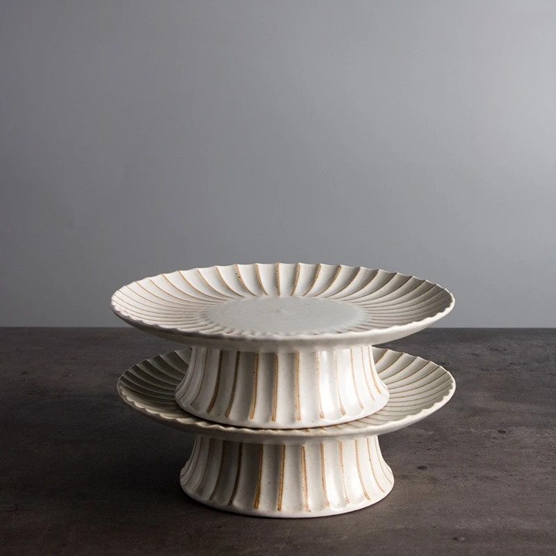 

Handmade Ceramic Dessert Plate High Foot Retro Snack Plate Chinese Style Tea Cake Plate