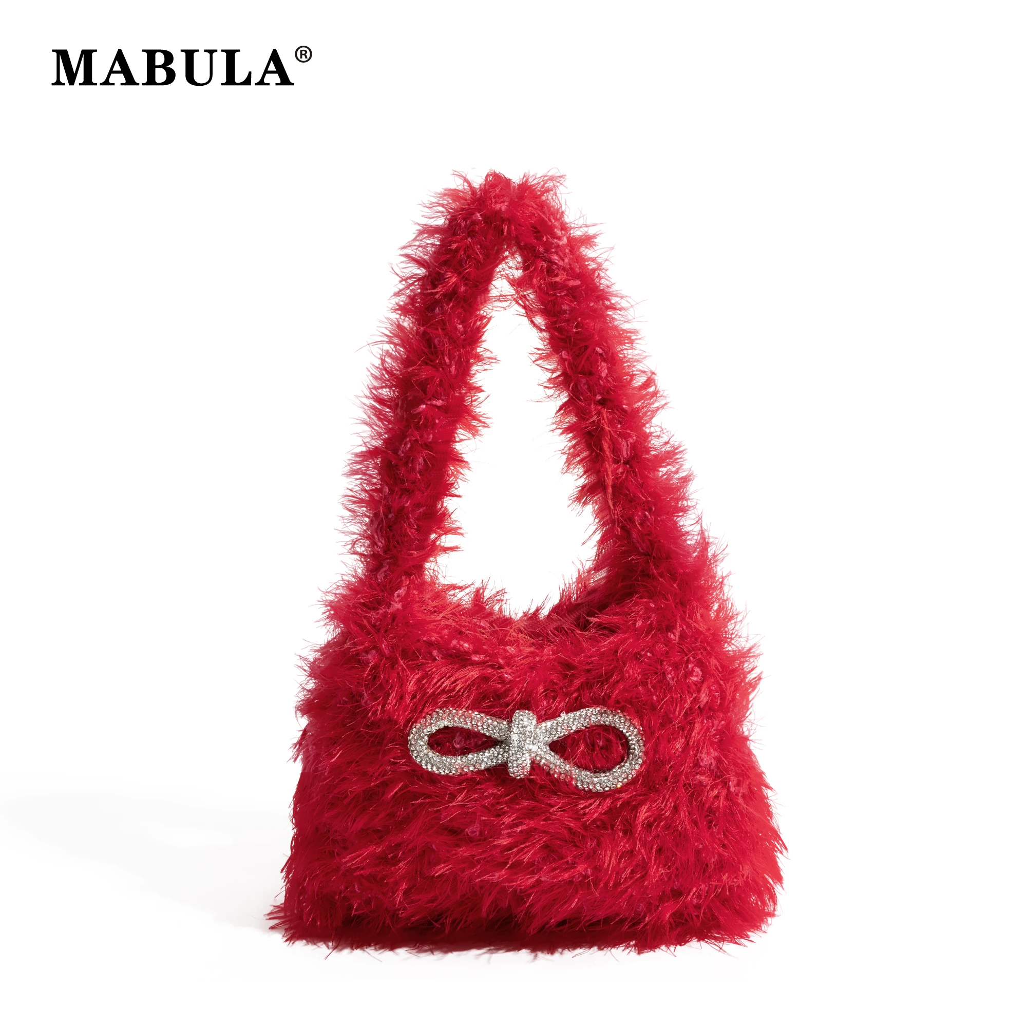 

MABULA Fashion Fluffy Small Handbag Colorful Cute Rhinestone Bow Decorate Winter Simple Soft Plush Weaving Solid Phone Purse