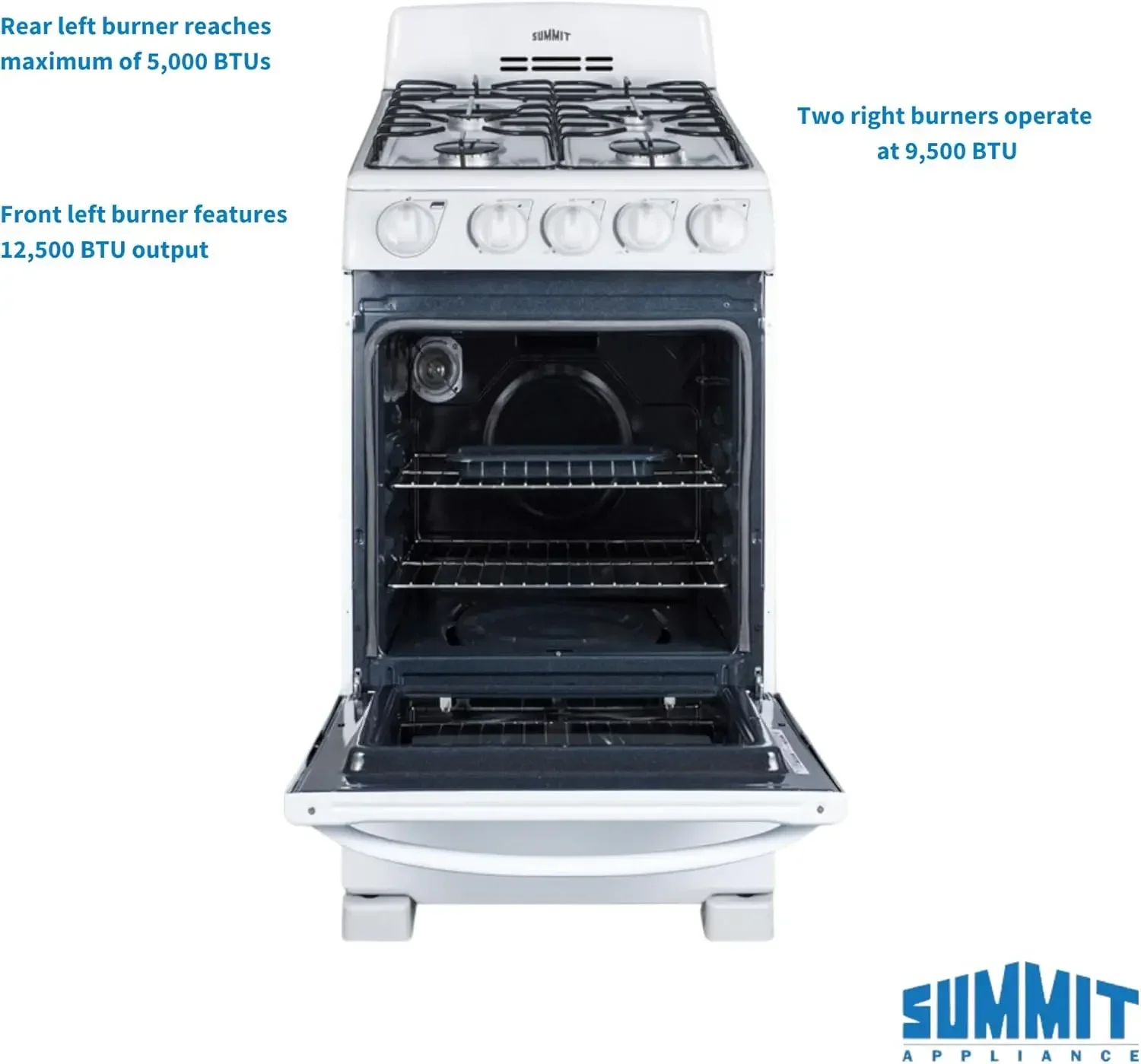 Gama de gás Summit de 20”, 4 queimadores, forno completo de 2,3 pés cúbicos - (compatível com AADA) - RG200WS