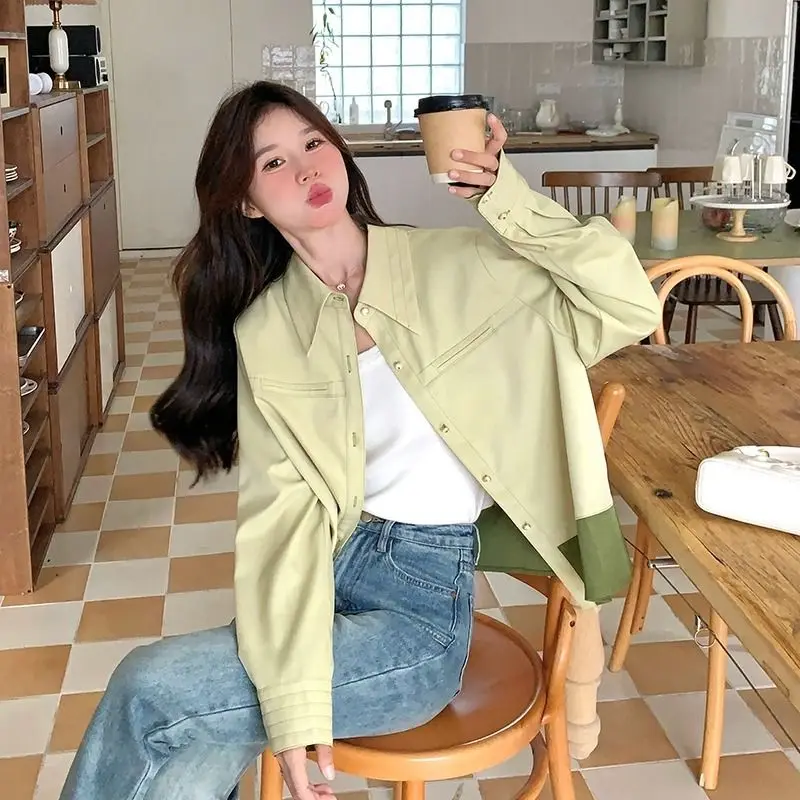 Casual Style Contrast Jacket Women's Spring and Autumn Turn-down Collar Spliced Long Sleeve Jacket Loose Fashionable College Top