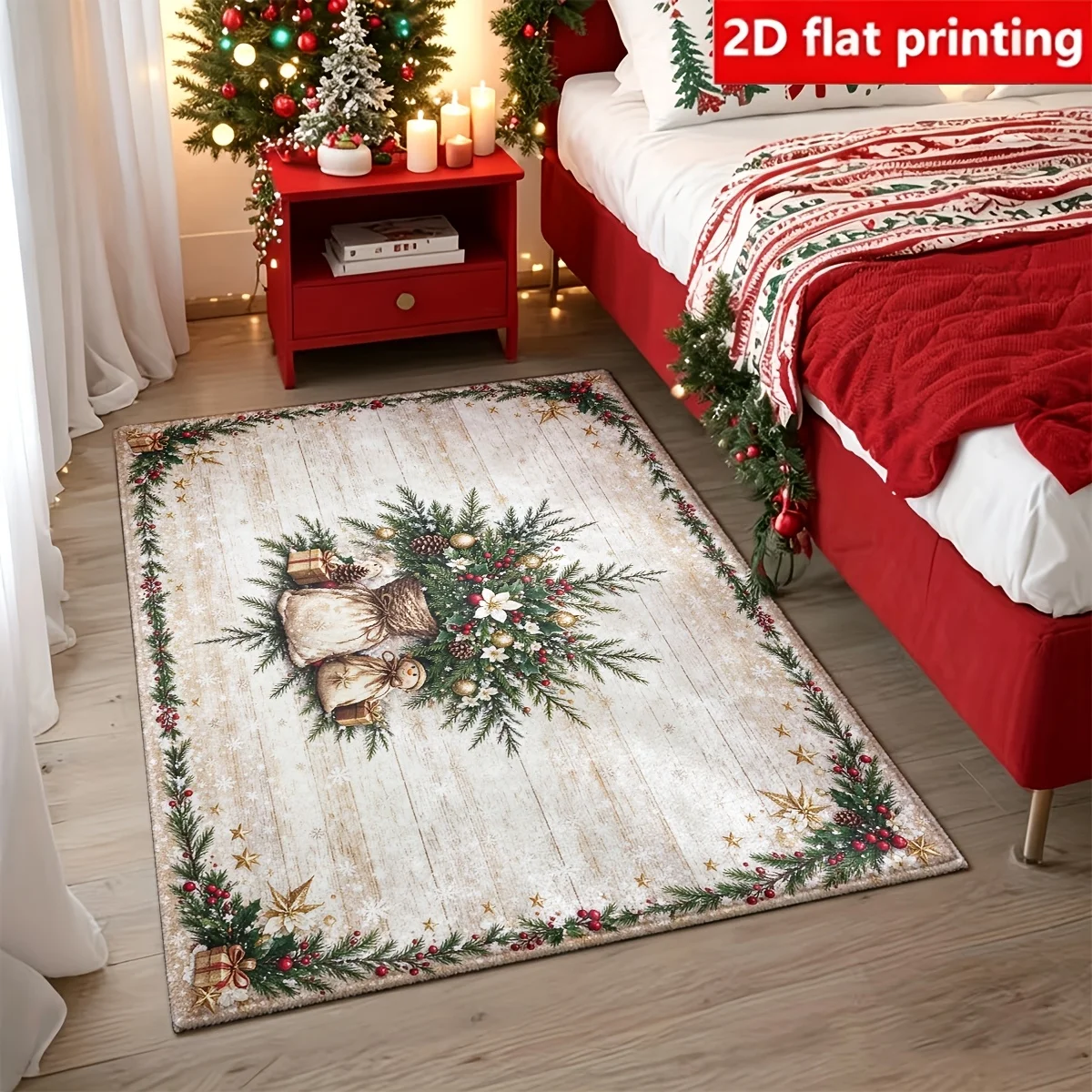 1pc 2D Flat Angel Pine Branch Berry Christmas Printed Floor Mat, Decorative Rug for Living Room, Bedroom, Home