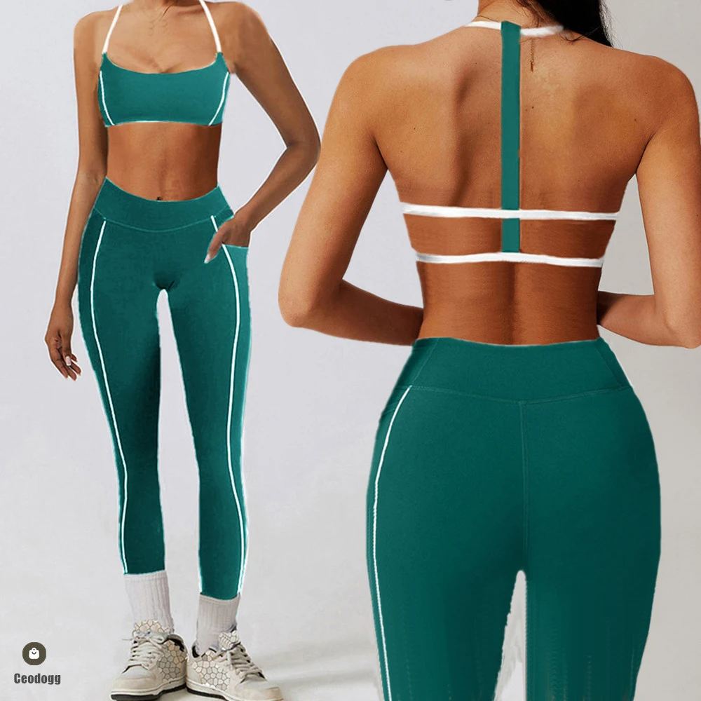 

2PCS Yoga Set Nude Workout Women Tracksuit Gym Push Up Fitness Running Workout Pant Sport Bra Pocket Leggings Active Wear XP215