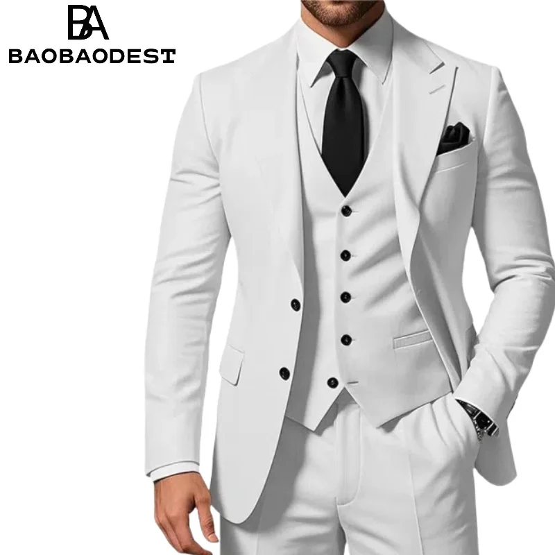 

Custom Tailored Men's 3 Piece Suit Set | Slim Fit Wedding Tuxedo with Peak Lapel Blazer, 2-Button Vest & Pants for Business,