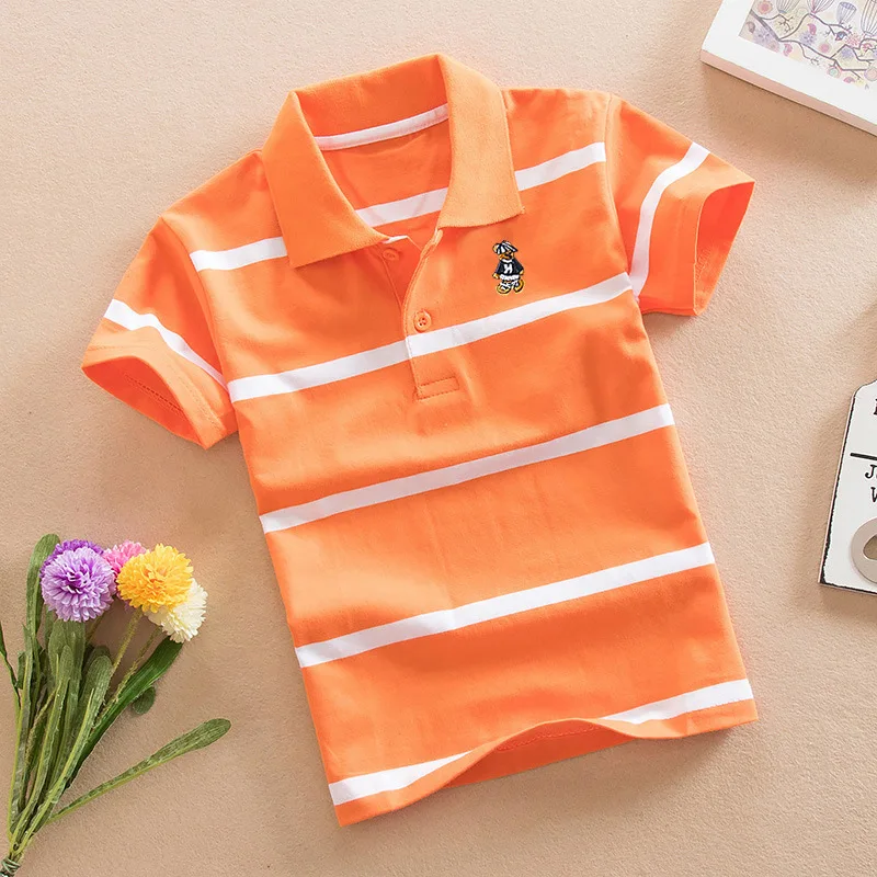 Summer Cute Boys Cartton Embroidery POLO Shirts Cotton Quality Breathable Fabric Kids Tops Tees Children\'s Stripe T Shirt 2-14T