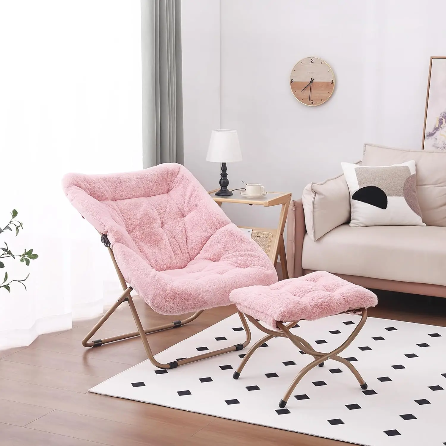 Oversized Folding Faux Fur  Soft  Lazy Chair with Metal Frame Moon Chair Accent Chair for Bedroom, Living Room, Dorm Rooms