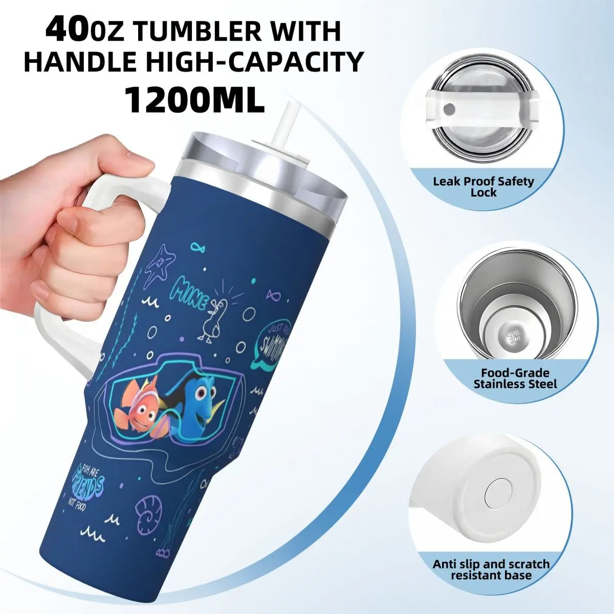 كوب أكواب نيمو من الفولاذ المقاوم للصدأ مع شفاطات للشاطئ وزجاجة مياه باردة وساخنة تحافظ على الحرارة أكواب حرارية ذات سعة كبيرة