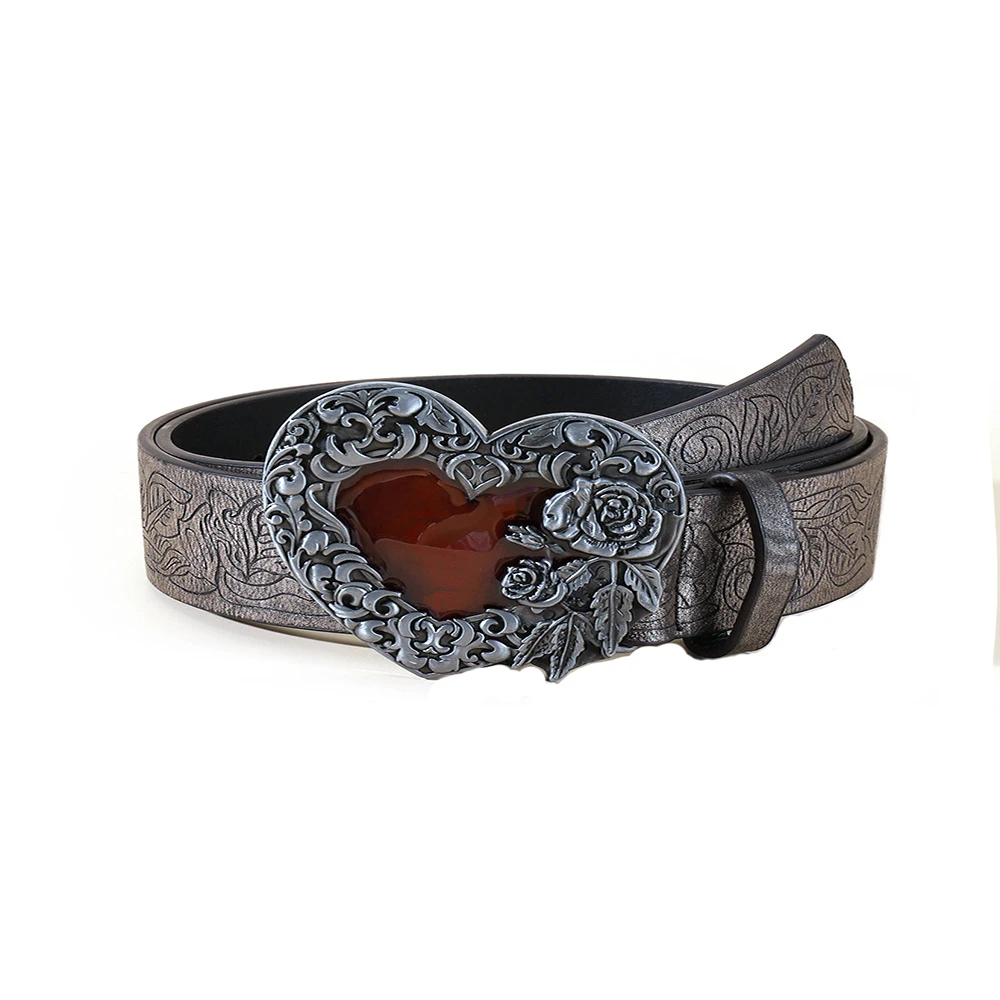 

Fashion Classic Embossed Strap with Enameled Zinc Allay Heart Flower Buckle Belts for Women