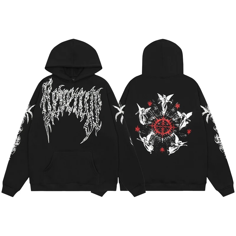 American High Street Revenge Cross Dark Style Angel Logo Hoodie 24FW High Quality Hip Hop Fleece Men's Streetwear Sweatshirt