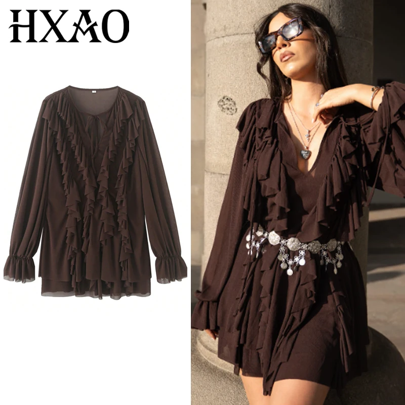 Hxao vestidos curtos 2025 mulher babados dobras vestidos de verão em camadas com decote em v vestidos de manga longa feminino marrom mini vestido de festa
