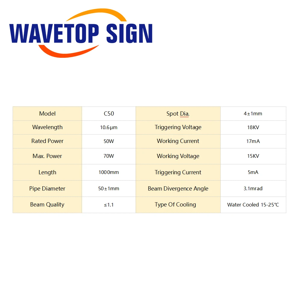 WaveTopSign Co2 Glass Laser Tube 1000mm 50W Glass Laser Lamp for CO2 Laser Engraving Cutting Machine Marking Equipment Parts