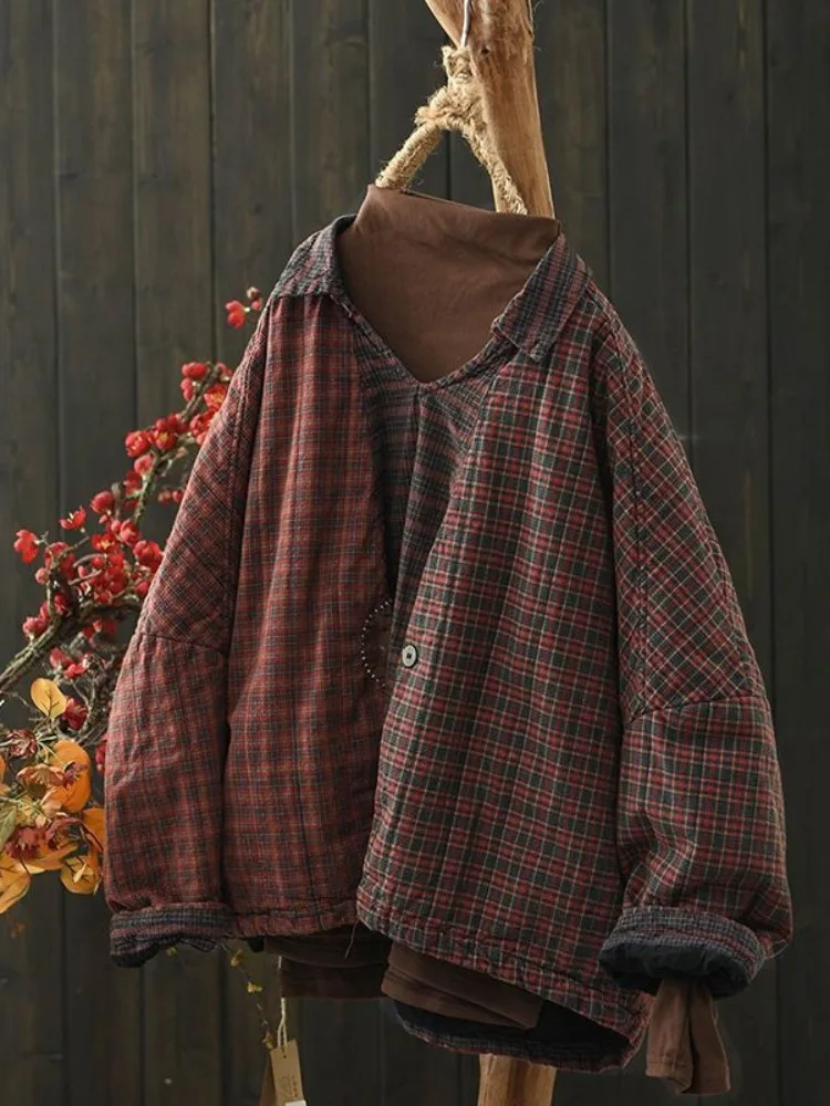 Thickened Retro Weathered Plaid Linen Cotton Shirt Women Winter Warm Coat Button Closure Long Sleeve  Collar Regular Fit