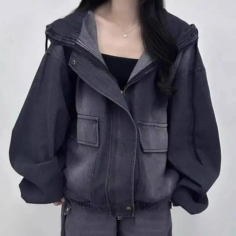 

Women Denim Jacket 2025 Autumn Winter Women's Retro Cool Denim Jacket Loose Hooded Style With Big Pockets Casual Versatile