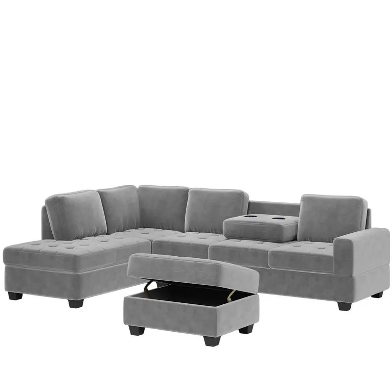 

Modern L-Shaped Sectional Sofa with Reversible Chaise, Storage Ottoman & 2 Cup Holders for Living Room Furniture