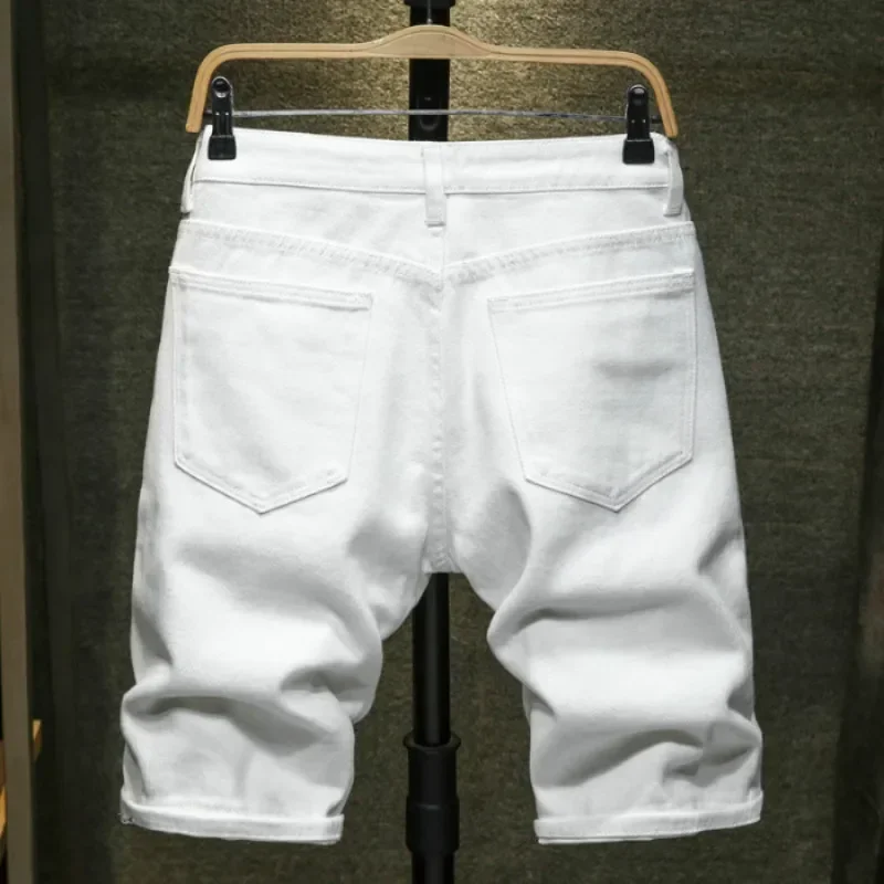 New Summer Boutique Cotton Fashion Ripped Mens Casual Jeans Shorts White Black Male Beach Shorts Elasticity