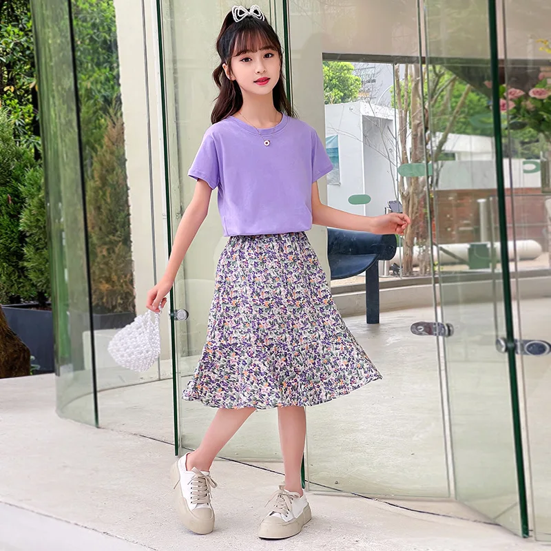 2022 Summer teen kids baby girls Clothes solid Outfits Lavender T shirt + chiffon floral fish tail Skirt Set 4 6 8 10 12 Years