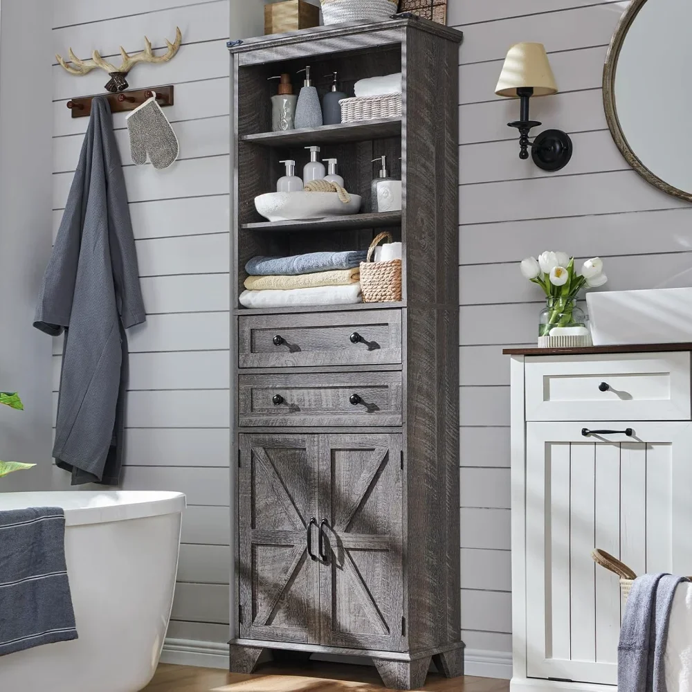 

Bathroom Storage Cabinet, Farmhouse Storage Cabinet with 2 Drawers, Adjustable Shelves & Barn Door, Cabinet for Bathroom
