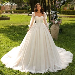 Lhuilier Customized A Line Strapless Lace Wedding Dresses Floor Length Pearls Beaded Bridal Gowns with Removable Sleeves