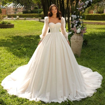 Lhuilier-ストラップレスレースのウェディングドレス,カスタムのブライダルガウン,床の長さ,真珠,取り外し可能な袖