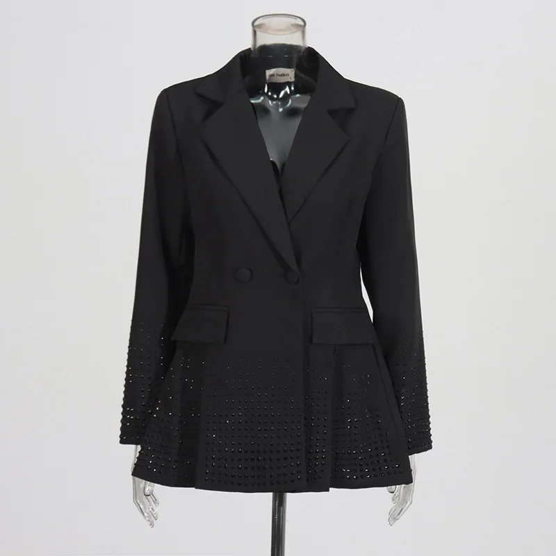 High-end Suit Coat Rhinestone Double Breasted Split White Notched Collar Blazer Jacket Slim Frocks for Women Short Overcoat 2026