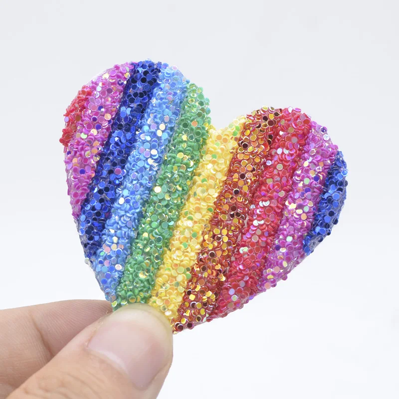 6Pcs 55*50mm Bling Sequin Pipe Rainbow Heart Applique for DIY Clothes Crafts Decor Headwear Hairpin Bow Accessories Patches