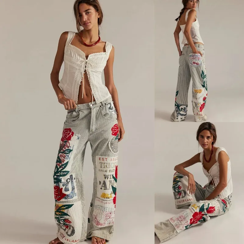 Pantalones rectos sueltos Y2K, ropa de calle Otoño Invierno para mujer, pantalones acampanados con estampado 3D a rayas, pantalones informales coreanos Harajuku de cintura alta