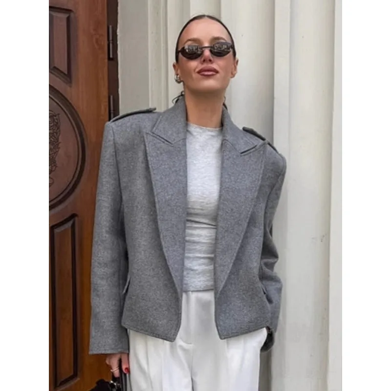 

Autumn New Women Grey Woolen Blend Blazer Coat Lapel Long Sleeve Fashion Loose Outerwear High Street Solid Commute Jacket