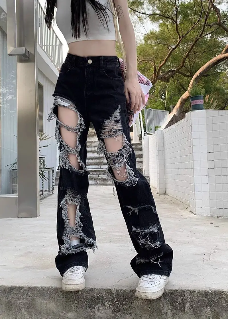 Hip Hop Hole Jeans Women Y2K Streetwear Harajuku Hollow Out Denim Pant American Retro High Waist Female Straight Trousers