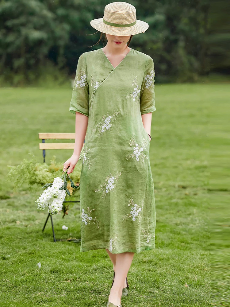 

100% Ramie Floral Embroidery Women Casual Dress New 2026 Summer Chinese Style Vintage V-neck Ladies Elegant Long Dresses M2621