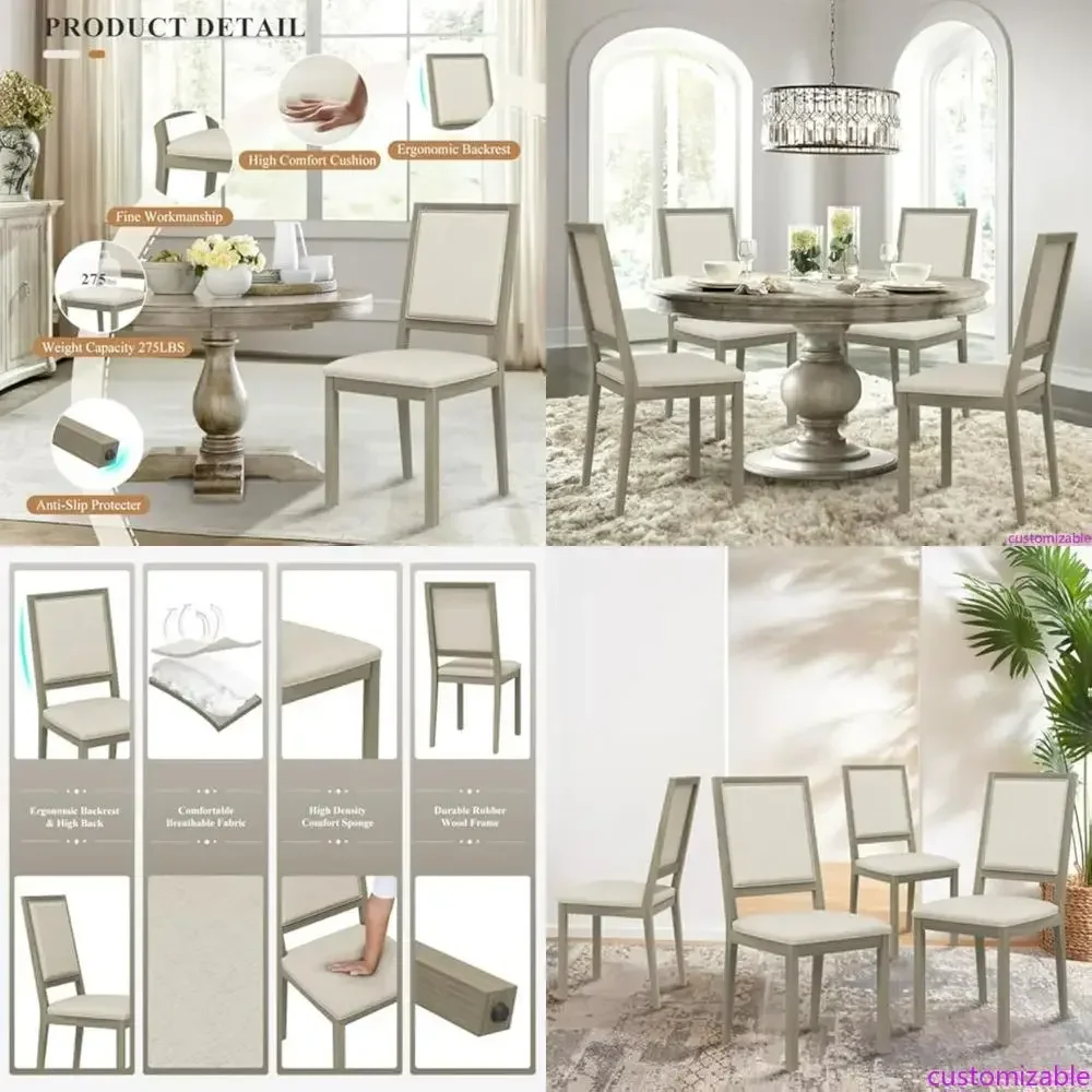 Set of 4  Fabric-Upholstered Wood Dining Chairs, 19 Inch Farmhouse Style Side Chairs
