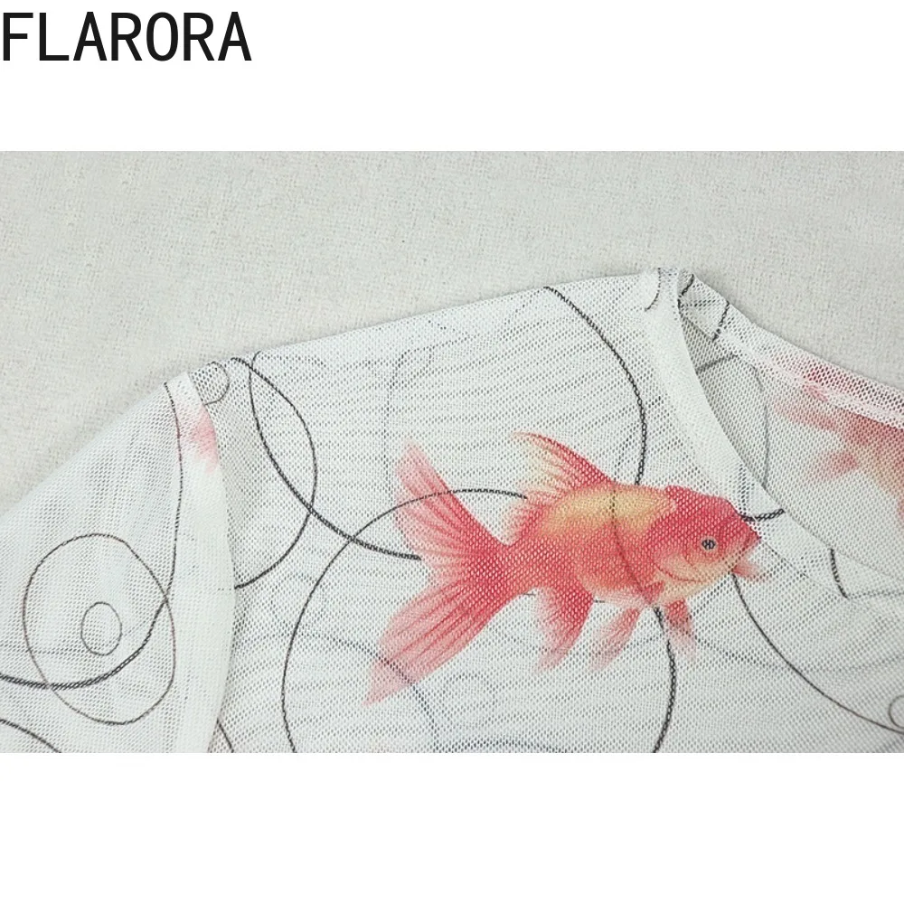 FLARORA – robe Maxi Sexy imprimé poisson rouge pour femme, col rond transparent, manches longues, fendue, froncée, hanche pêche, tenue élégante pour fête d'anniversaire