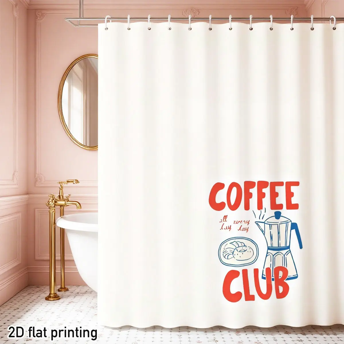 Coffee Club Shower Curtain – Moka Pot & Croissant Illustration with Red Text, 2D Flat Print, Fade-Resistant Polyester, 12 Hooks