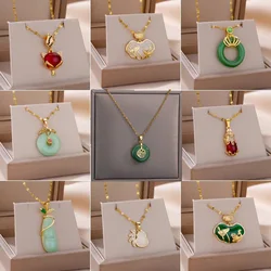 Fashion Water Drop Necklace for Women Men Gold Color Stainless Steel Chain Retro Green Round Jade Necklace Jewelry Birthday Gift