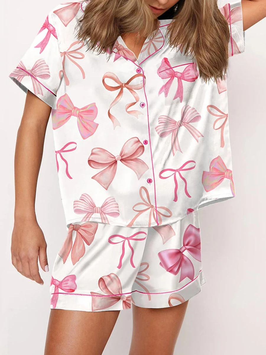 Y2k Pink Bow Silk Pajama Sets for Women 2 Piece Preppy Pjs Shorts Cute Short Sleeve Matching Pj Lounge Shirts Sets