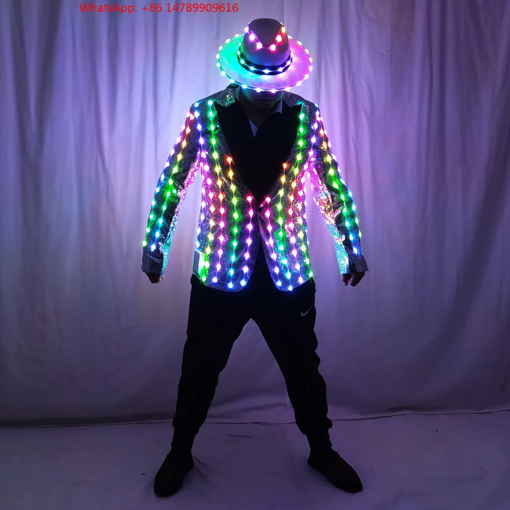 

LED Luminous Robot CostumeFull Color LED Sequins Slim Suit Jacket Fashion Lighting Peorce Wear For Senior Host Best Or Banque