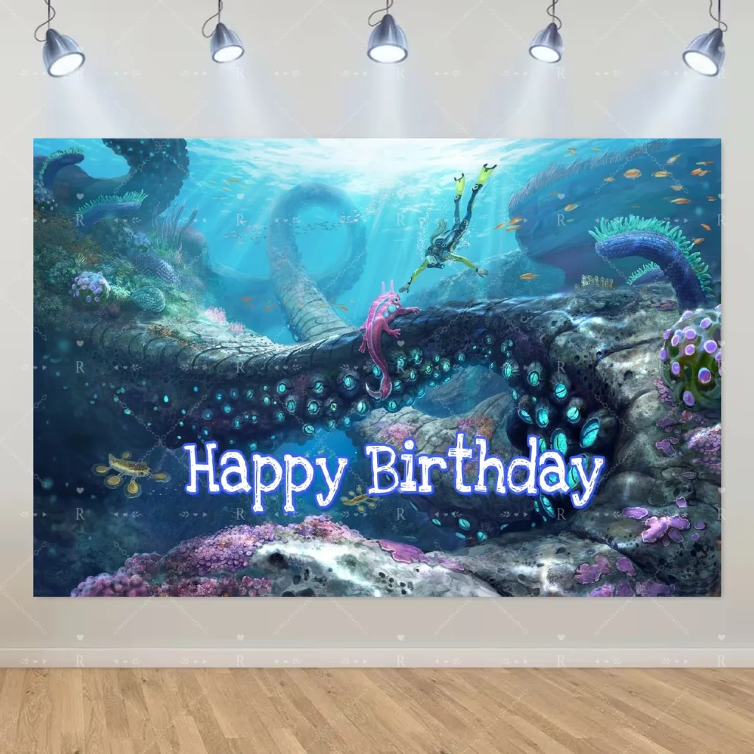 S-Subnautica Themen-Geburtstagsparty-Dekorationen: Wunderschöner Unterwasserwelt-Meeremonster-Kuchenaufsatz, Ballonbanner, Fotohintergrund – Detail 9