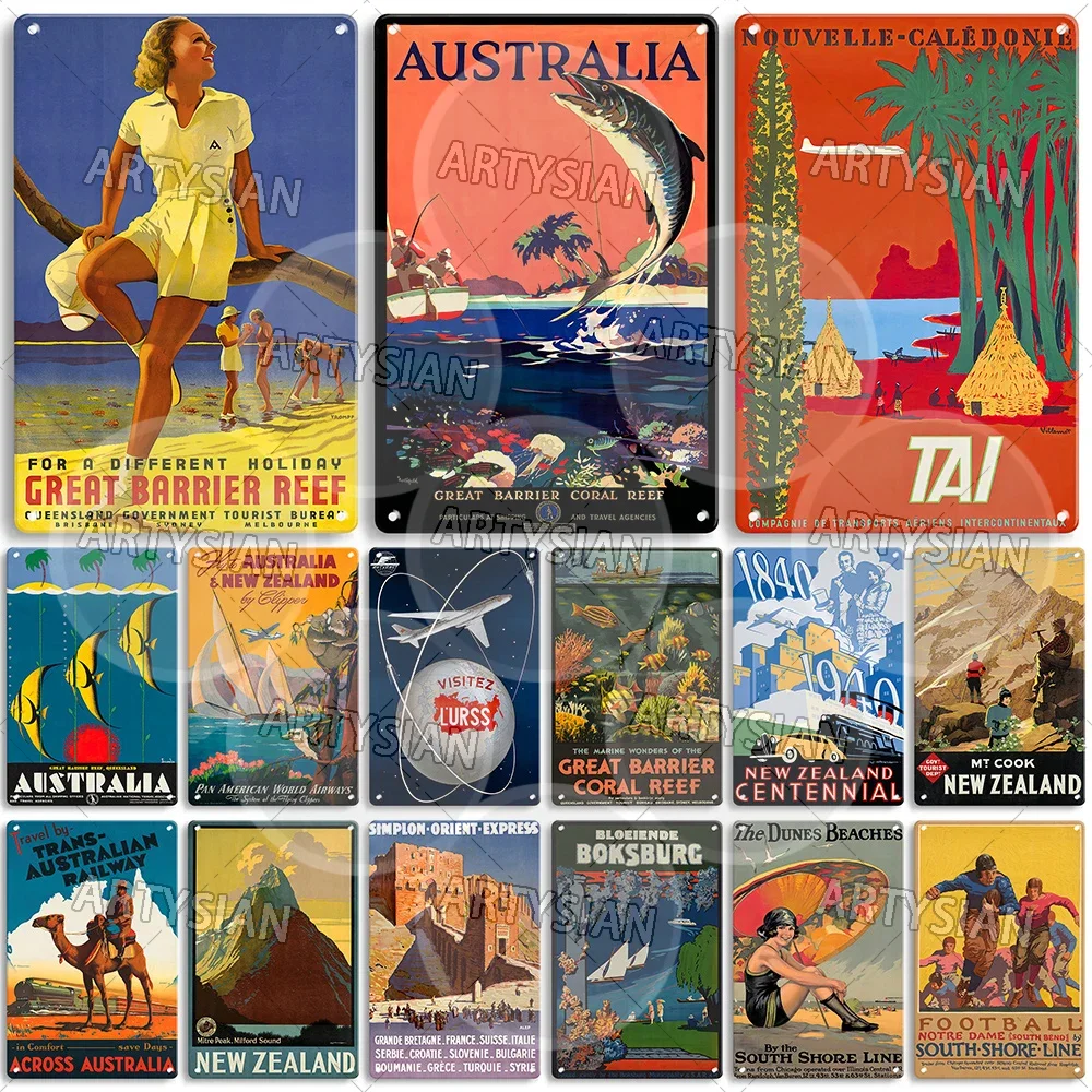 Travel Poster Metal Sign Australia New Zealand South Shore Line Pan American Airways Railway TAI Air travel Nouvelle-Calédonie