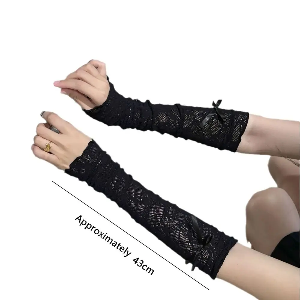 Gants en dentelle gothique Lolita pour femmes et filles, mitaines sans doigts, nœud papillon élastique, manches de protection solaire en maille japonaise, cerclage punk