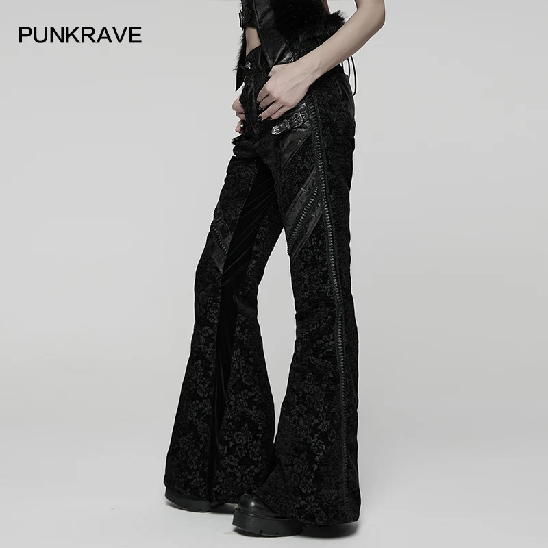 กางเกงขายาวทรงบานลายดอกกุหลาบผ้ากำมะหยี่ยืดหยุ่นสไตล์โกธิคแบบราชสำนักสำหรับผู้หญิง แบรนด์ PUNK RAVE หรูหรา