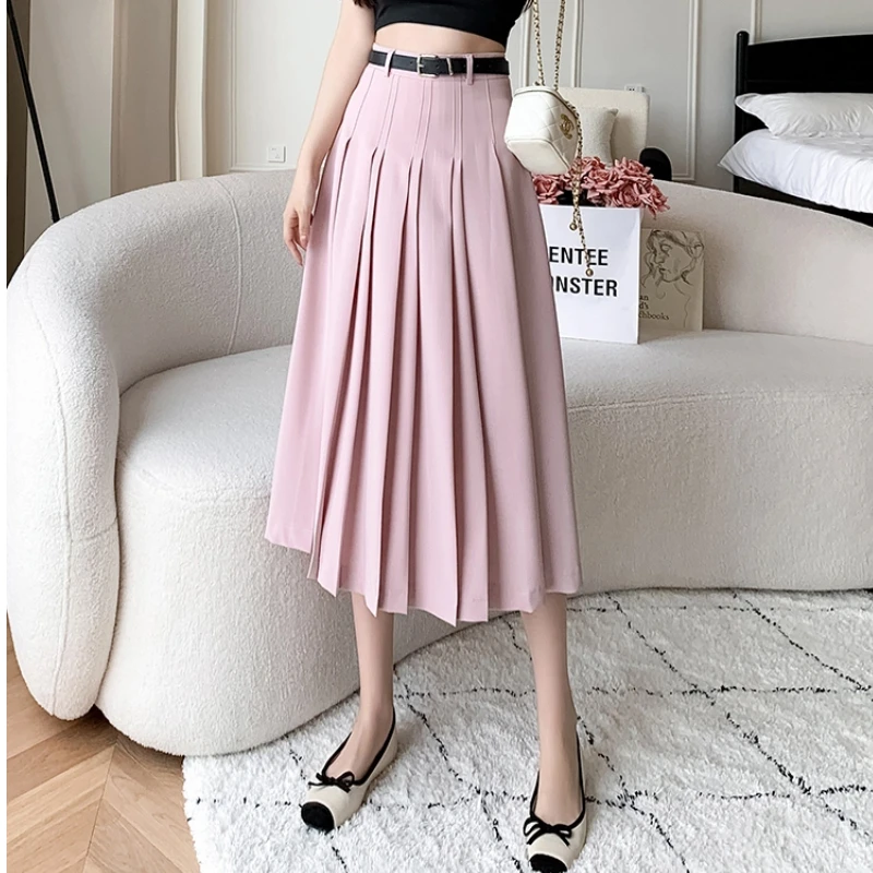 

New Spring Auutmn High Waist Midi Pleated Skirts Womens Fashion A-line Casual Suit Skirt Ladies Elegant Vintage Umbrella Skirt