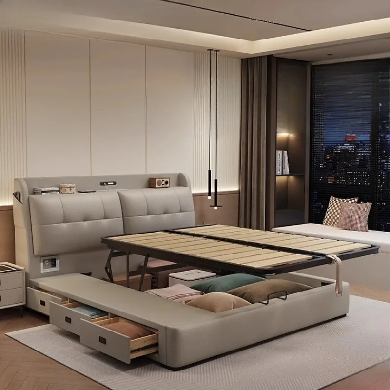 

Master Luxury Bed Waterproof Bedroom Organizer Storage Nightstands Bed Cream Deluxe Camas De Dormitorio Home Accessories