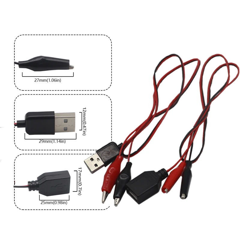 【5-1PCS】60CM Alligator Test Cilp To USB Male Female Connector Adapter Crocodile Test Clamp Clip Power Cable 