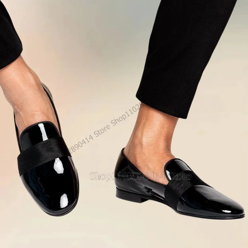 Schwarz Riband Dekor Lack leder runde Zehen Slipper Mode Slip auf Männer Schuhe Luxus handgemachte Party Fest Büro Männer Kleid Schuhe