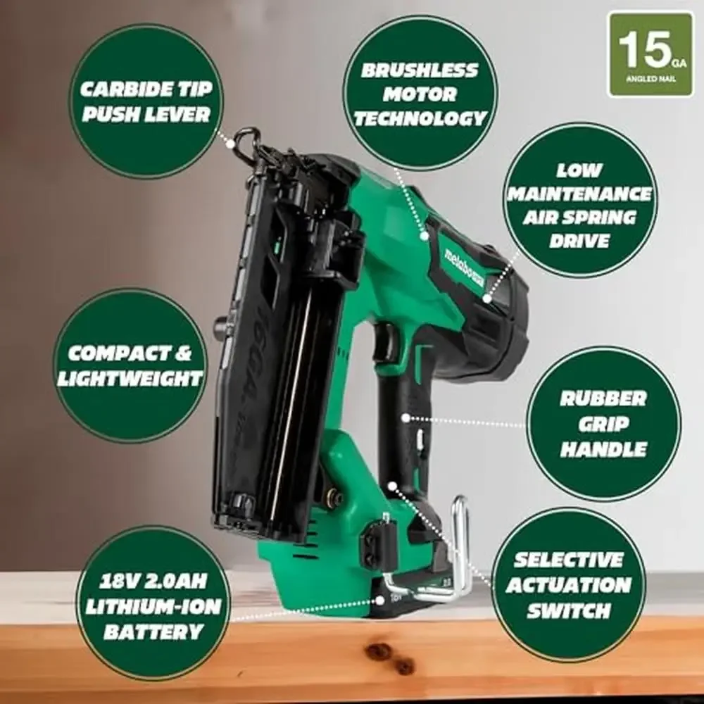 Cordless 15-Gauge Angled Finish Nailer Kit 18V Brushless Power Tool Fasteners Included Adjustable Depth