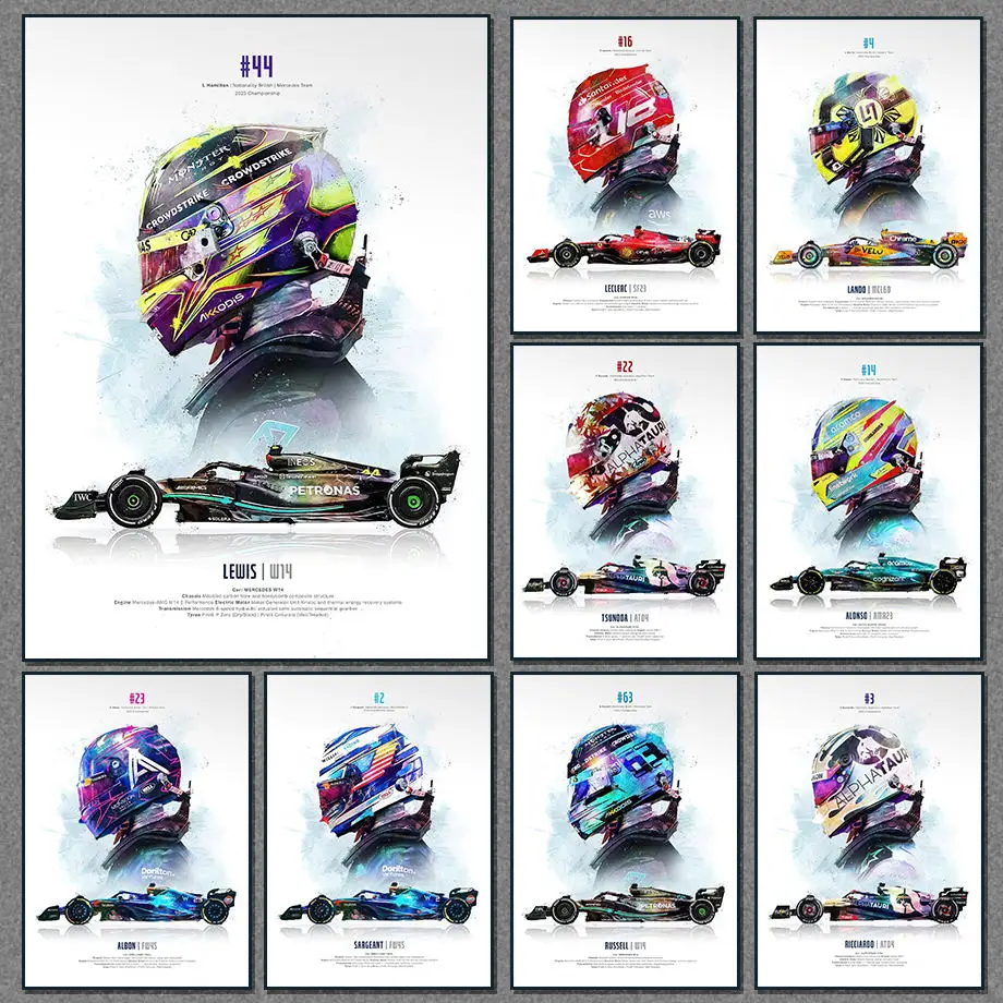 

2023 Season FI Formula 1 Racing Helmet Movement Pop Watercolor Wall Art Canvas Painting Nordic Poster Living Room Decor