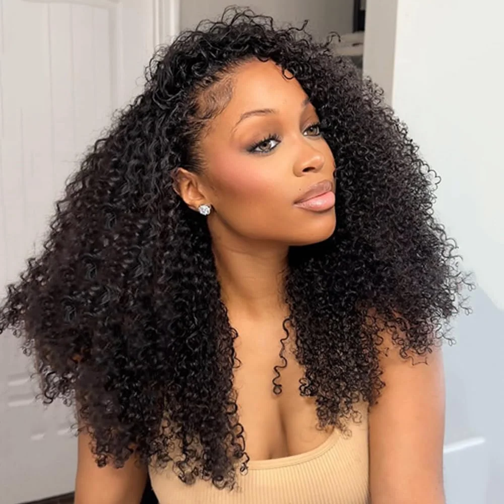 Perruque mi-tête 3-en-1 à densité 220 avec cordon de serrage, clips sans couture, cheveux humains bouclés crépus à retourner, sans colle, sans dentelle, pour femmes