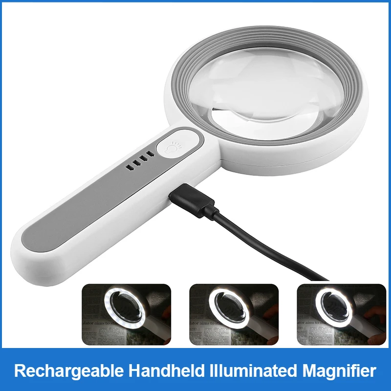 Rechargeable Handheld Magnifier 3 Lighting Modes Illuminated Magnifying Glass with LED Light for Seniors Reading Repair