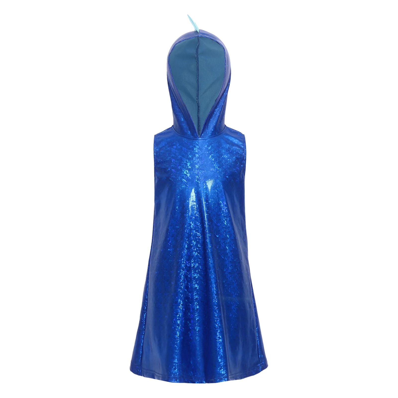 

Girls Dinosaur Metallic Gloss Costume Sleeveless Hooded 3D Tail Dress Sparkly Shiny for Halloween Birthday Stage Performance